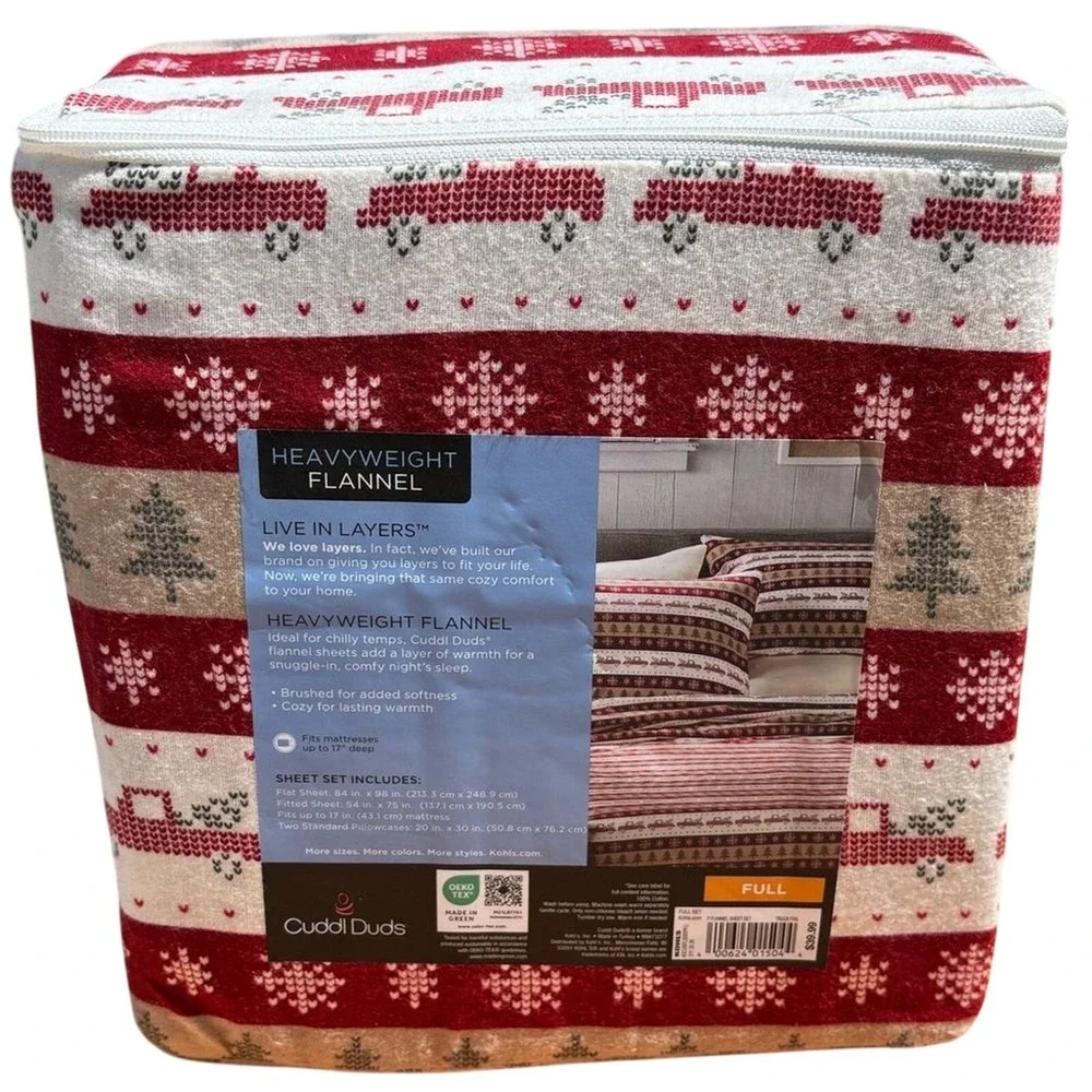 Cuddl Duds Full Heavyweight Flannel Sheet Set Christmas Red Truck Winter NWT